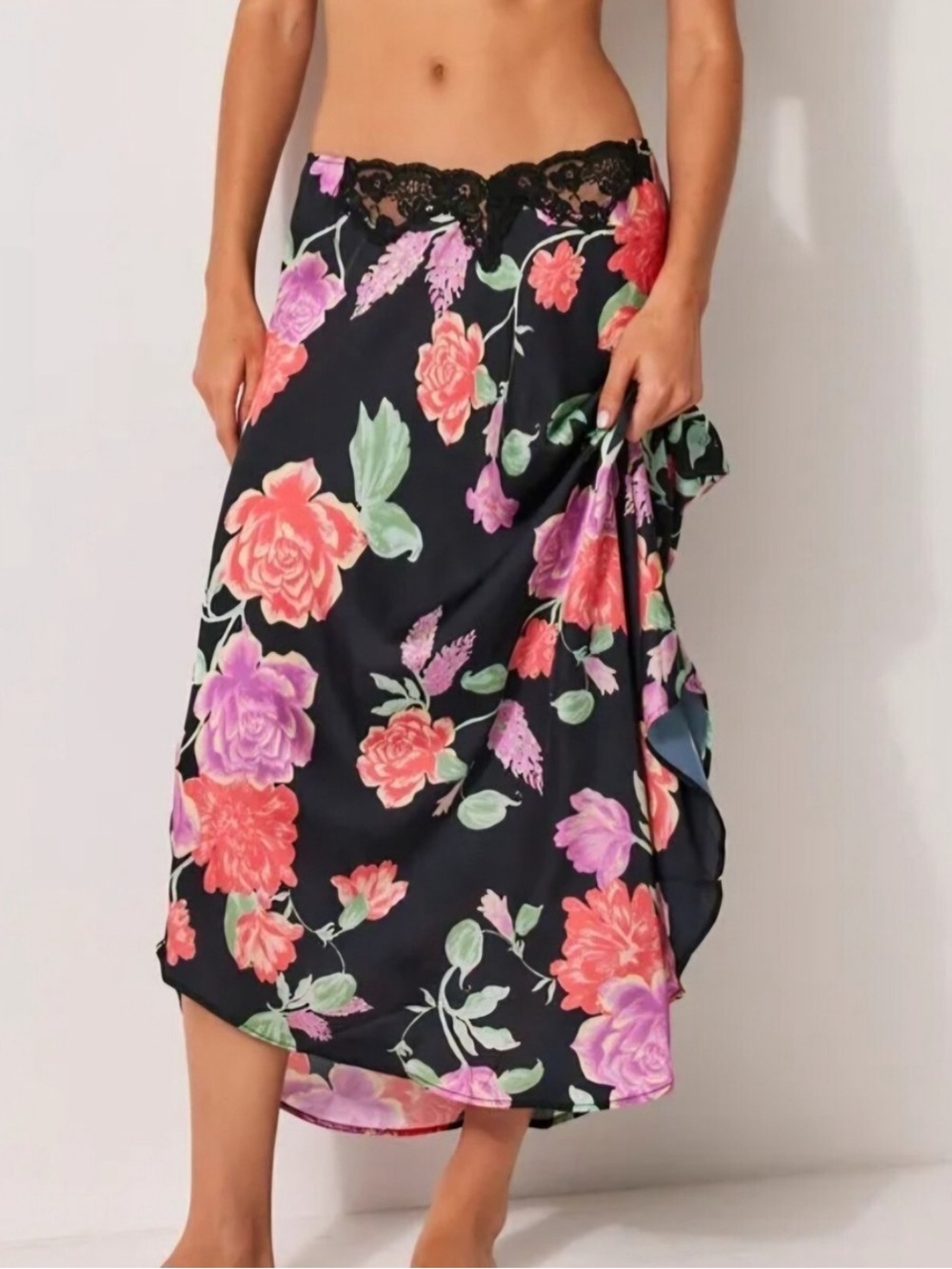 Free People Black Lace Trim Floral Slip with Pink & Coral Accents